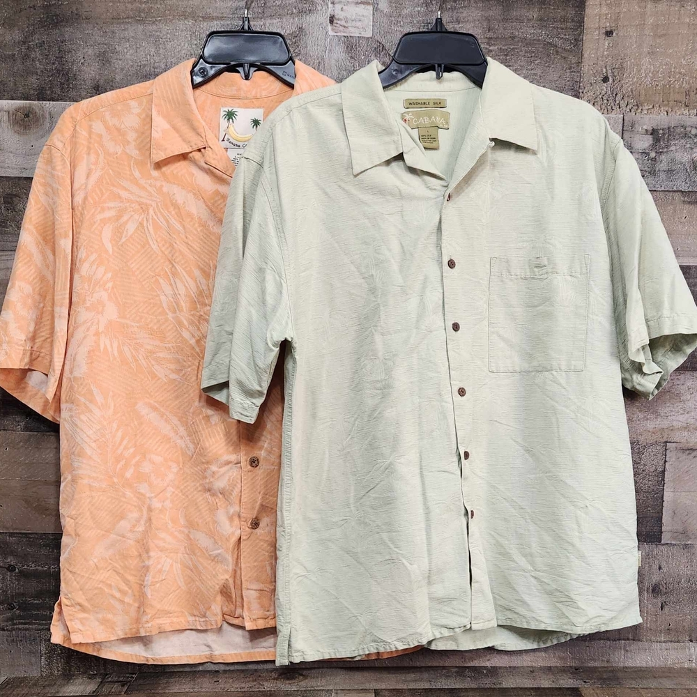 Men's Washable SILK Tropical Casual Button Down Shirts - Light Orange Mint Green